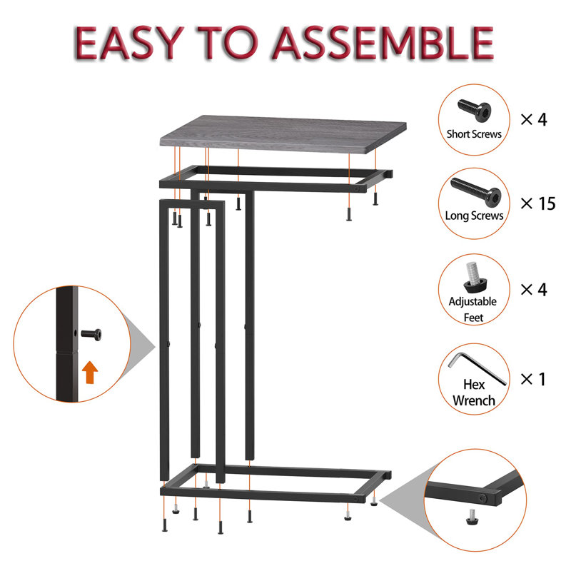 Beah C Shaped End Table Narrow Side Table with Adjustable Pads Grey